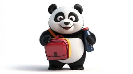 Naklejka premium Cheerful cartoon panda carrying a backpack and bottle.