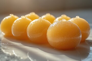 Close-up of eight glistening, amber-colored spheres, possibly food items, arranged in a row.