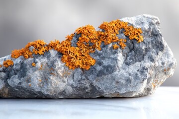 Orange lichen thrives on a gray rock, a vibrant contrast against a muted background.