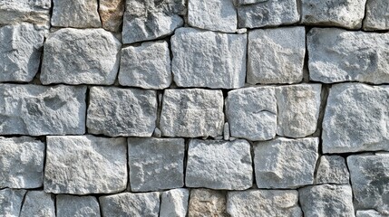 Obraz premium Close-up of a rustic stone wall, showing textured gray and off-white stones in a neat pattern.