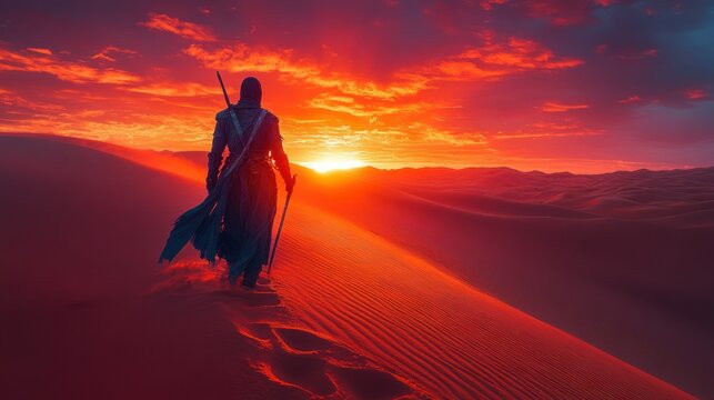 Fototapeta Desert warrior sunset walk dune adventure