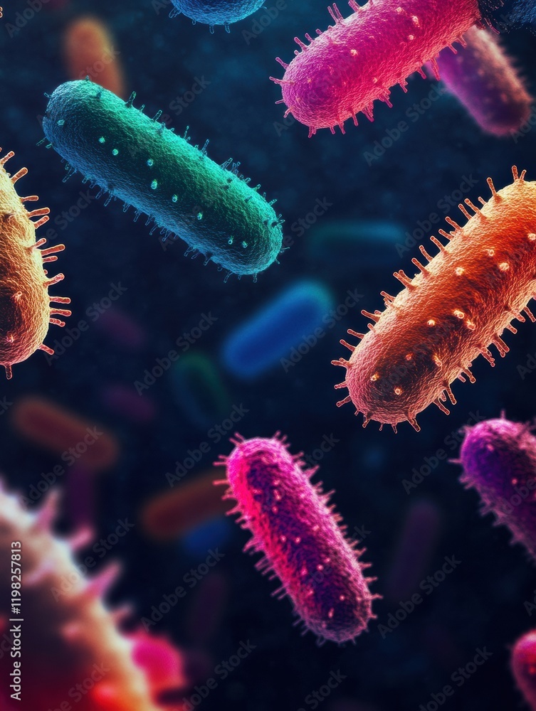 Leinwandbilder Colorful array of bacteria and microbes under microscopic observation in a dark environment. Generative AI