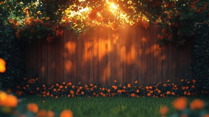 Warm Sunset Illuminates a Rustic Wooden Fence Adorned with Vibrant Orange Flowers and Lush Green Grass