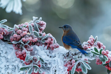 A bluebird perched on a snow-covered branch with red berries