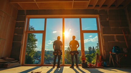 Fototapeta premium Construction workers overlooking sunrise through new windows building site