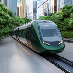 Naklejka premium A sleek, modern green train glides through a lush, urban landscape, showcasing a blend of technology and nature in a vibrant city setting.