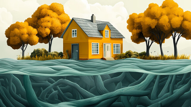 Hypotheek en huis onder water. Goldenbark. Illustration