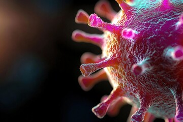 Microscopic view of virus showing surface proteins and genetic material