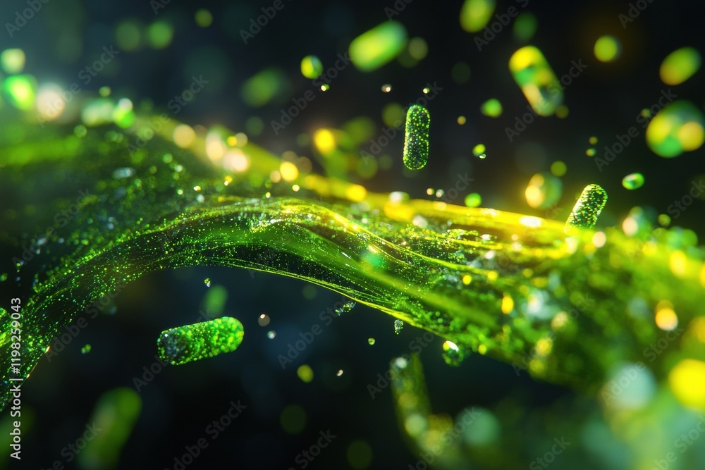 Poster 3d render illustrating diverse microbes interacting in an abstract microscopic environment. generati
