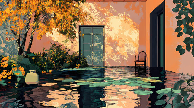 Rest schuld op woning onder water. Goldenbark. Illustration