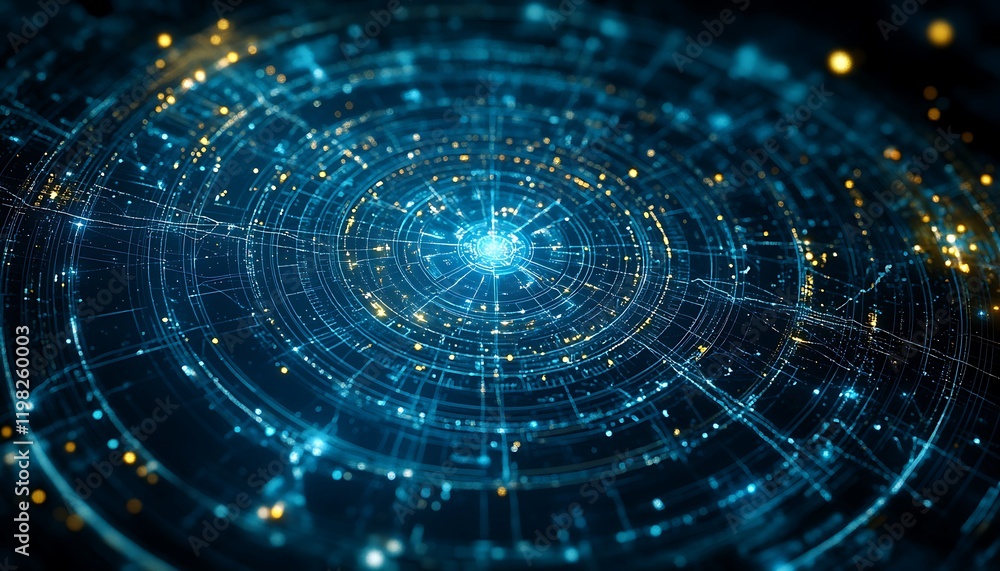 Poster abstract digital network, glowing lines and nodes forming a circular pattern.