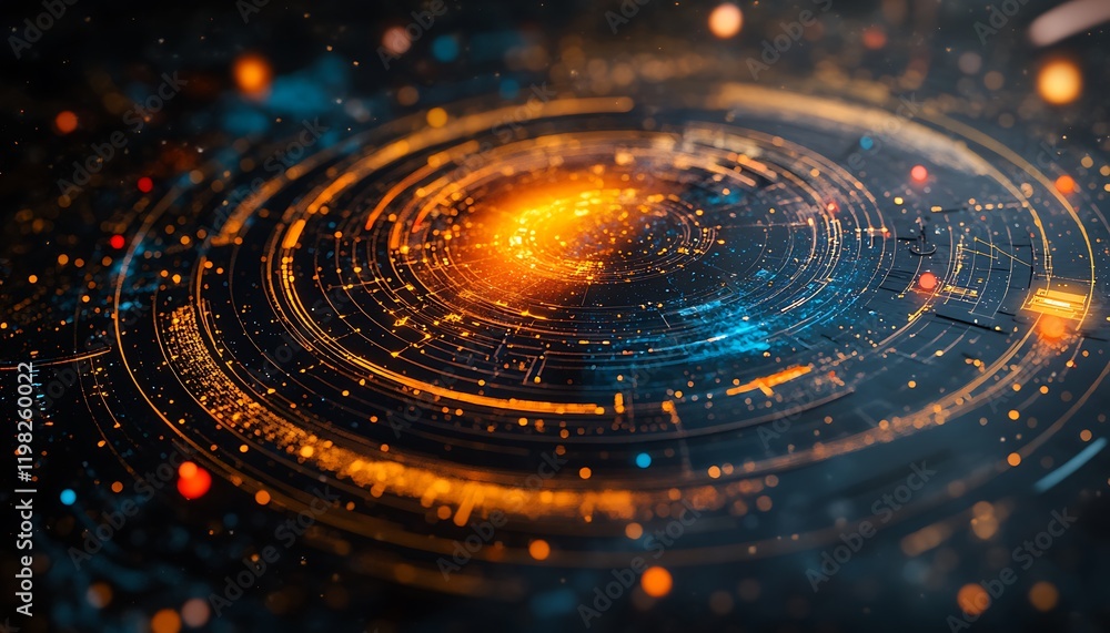 Poster abstract digital technology background with glowing circular patterns and particles.