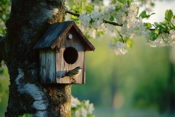 Wooden birdhouse with small birds perched nearby in a blooming tree during springtime. Generative AI