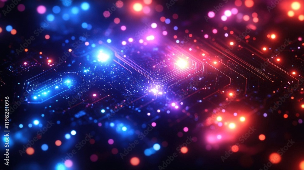 Poster vibrant abstract circuit board with glowing lines and bokeh lights