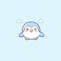 Naklejka premium Cute penguin flying, pastel sky, cloud background, children's book illustration