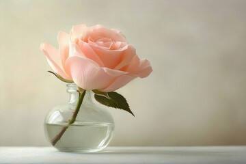 Fototapeta premium A single, delicate pink rose in a small glass vase, a simple yet elegant still life.