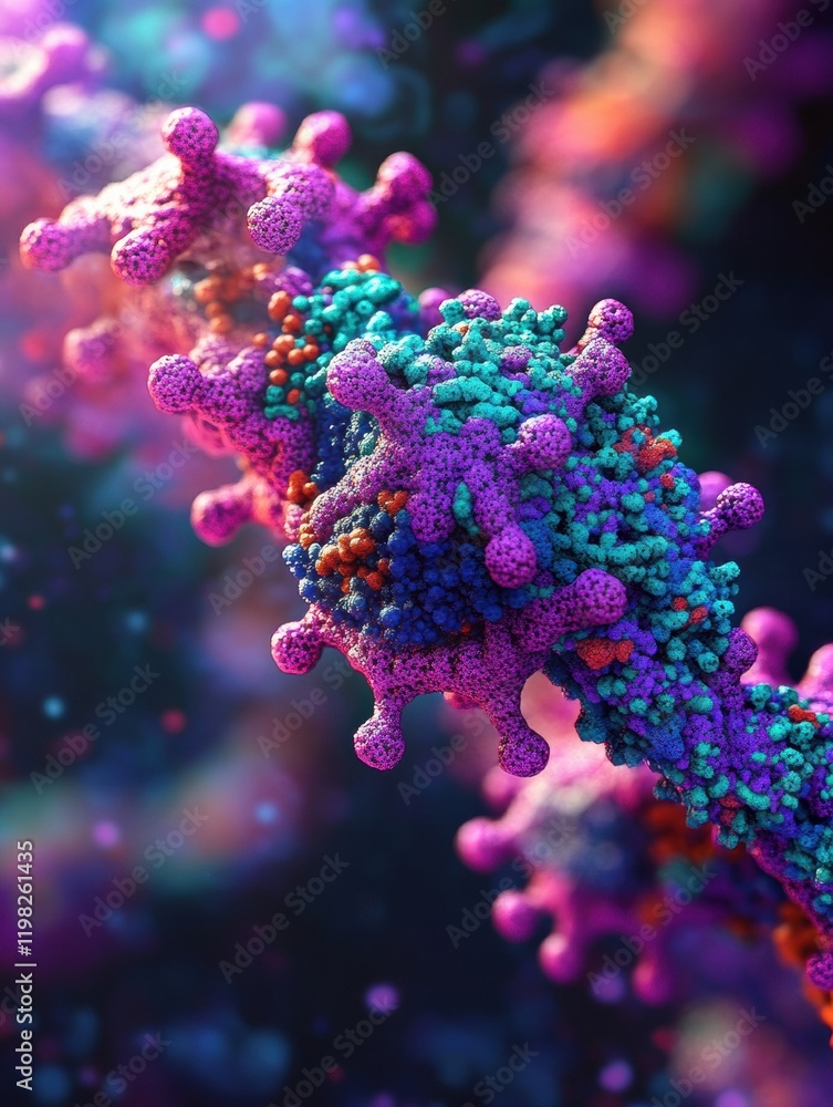 Poster Close up view of molecular RNA chain surrounded by colorful viruses showcasing intricate biological interactions. Generative AI