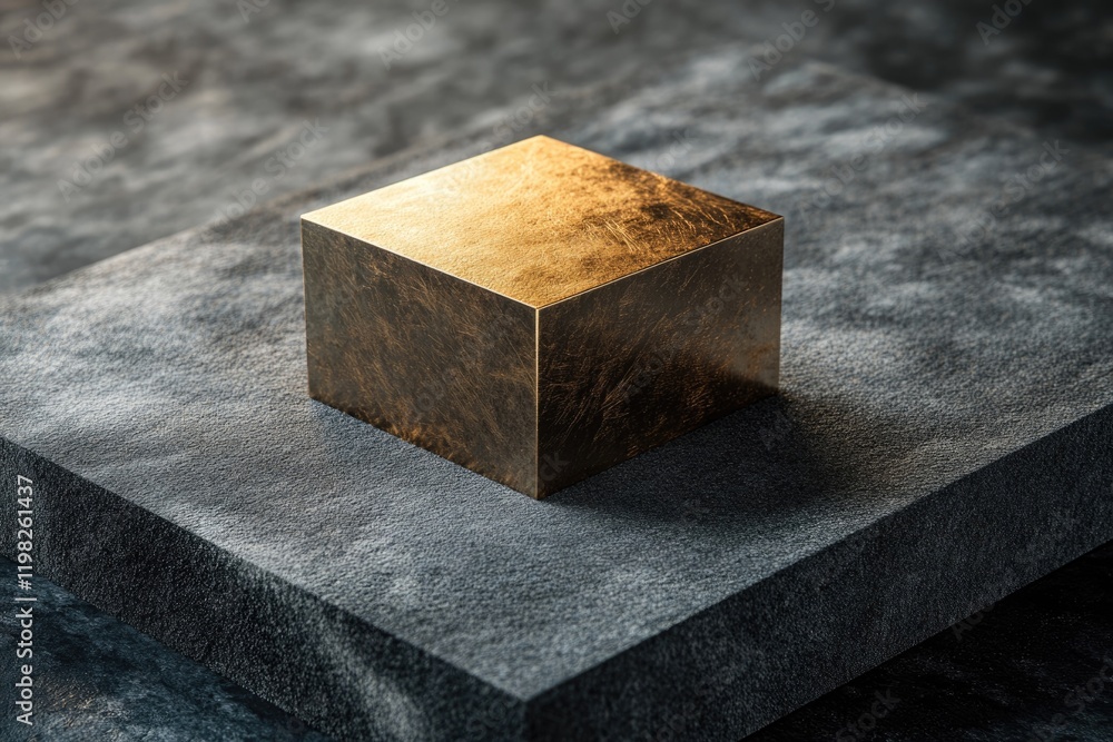 Poster a gold-accented dark cube rests on a gray textured platform, creating a minimalist, luxurious displa