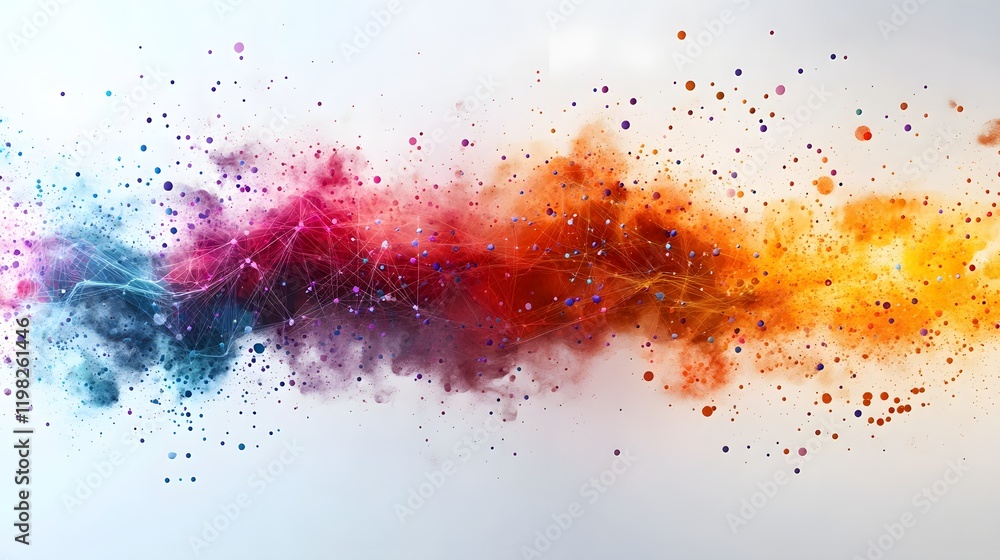Poster vibrant abstract art depicting a colorful nebula with interconnected particles and a dynamic flow of