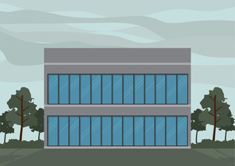 Landscape with a gray building and trees in the background.