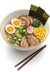 Delicious Ramen Noodle Soup with Pork Egg Corn and Seaweed