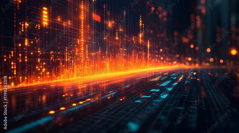 Poster an abstract digital cityscape, glowing with vibrant orange and blue data streams. a visualization of
