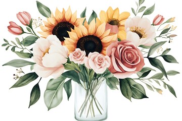 Obraz premium Sunflowers, Roses & Peonies in Rustic Glass Vase: Watercolor Floral Bouquet