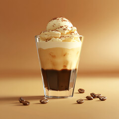 Indulge in delicious 3D affogato dessert drink featuring creamy vanilla ice cream, rich coffee, and sprinkle of cocoa. Perfect for coffee lovers