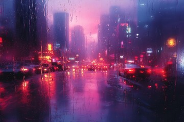 Obraz premium cyberpunk cityscape through rain-streaked glass, neon signs creating abstract light patterns in purple, pink, and electric blue wavelengths