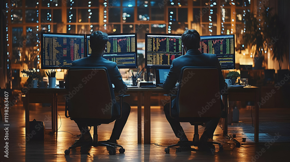 Poster two analysts working late reviewing financial data on multiple computer screens in a modern office s