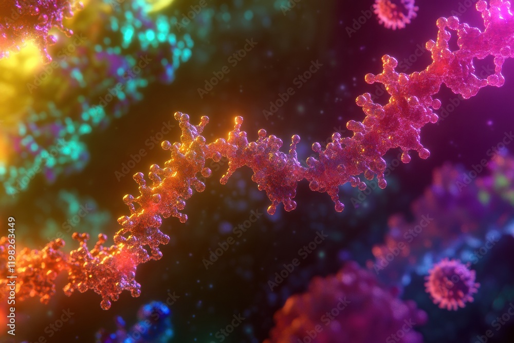 Leinwandbilder Close up view of a molecular RNA chain with surrounding viruses in vibrant colors. Generative AI