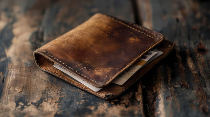 A worn, brown leather wallet lies open on a wooden table, revealing its empty, cashless interior with a few crumpled receipts and a lonely credit card. Goldenbark. Illustration