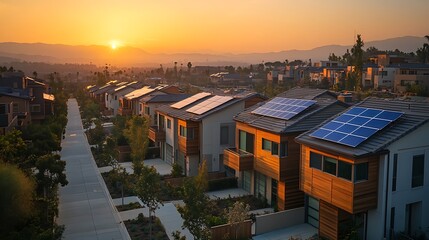 Aerial view of solar-powered homes in sustainable urban neighborhood