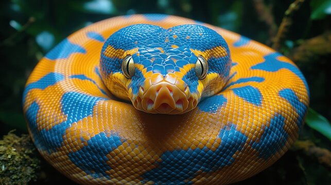 Close-up of a vibrant blue and orange snake coiled,  eyes focused on the viewer, set against a blurred green background.