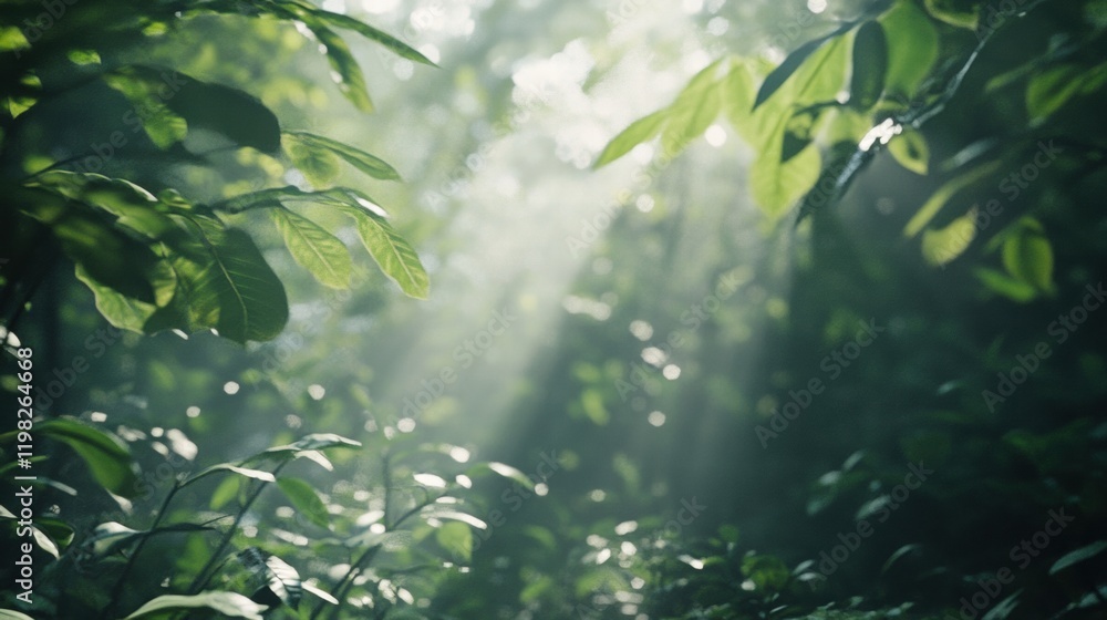 Poster sunlight filters through the lush green leaves in a tranquil forest filled with serenity and natural