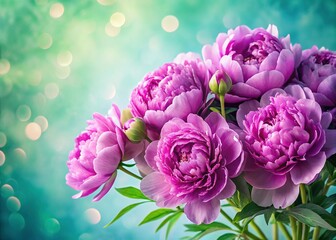 Fototapeta premium Lush Purple Peonies Bouquet on Light Turquoise Background - Close-Up Floral Photography