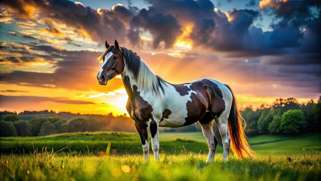 Majestic Piebald Horse Silhouette in Lush Green Meadow - Stock Photo