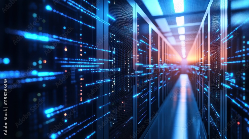 Poster digital data flow in a modern server room: a glimpse into the heart of technology