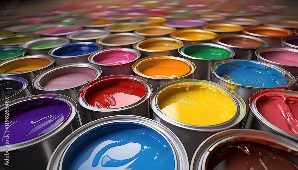 Poster vibrant open paint cans displayed in a rustic art studio at twilight, showcasing rich textures and c