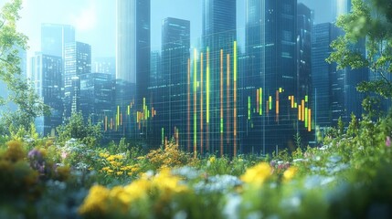 Vibrant Cityscape with Lush Garden and Dynamic Data Visualization
