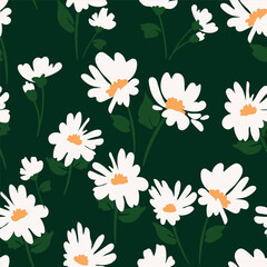 Elegant abstract floral pattern featuring chamomiles and leaves. Ideal for surface design, fabric, paper and etc.