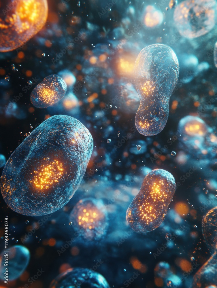 Aufkleber exploration of vibrant 3d microbes revealing intricate structures and glowing details in a microscop