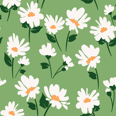 Elegant abstract floral pattern featuring chamomiles and leaves. Ideal for surface design, fabric, paper and etc.