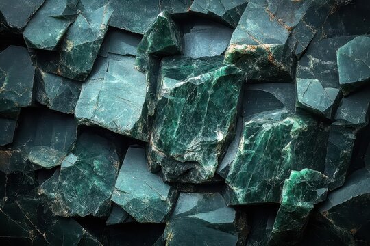 deep green eclogite stone texture with shimmering minerals, illuminated by soft light to reveal its ancient beauty, set against a dark, contrasting background that enhances its mystique
