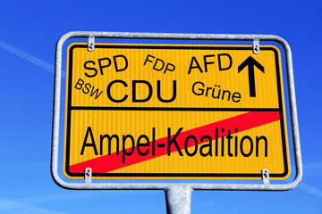 Schild mit Wahlen in Deutschland, die Ampel-Koalition weg und zu welcher Parteien wird es gehen