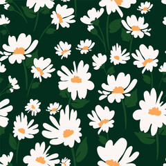 Elegant abstract floral pattern featuring chamomiles and leaves. Ideal for surface design, fabric, paper and etc.