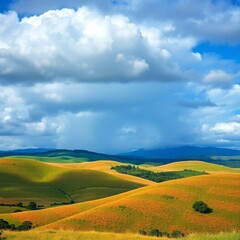 Obraz premium Dramatic, rain-filled clouds over lively hills. 