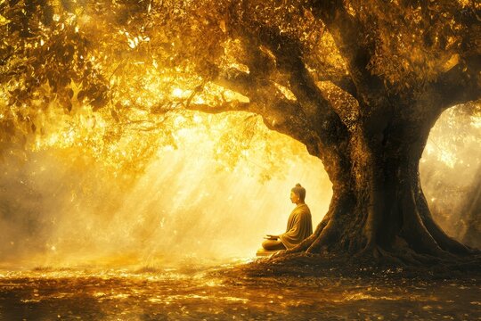 A conceptual Buddha sitting under the Bodhi tree, serene and illuminated by golden light, a spiritual scene of tranquility