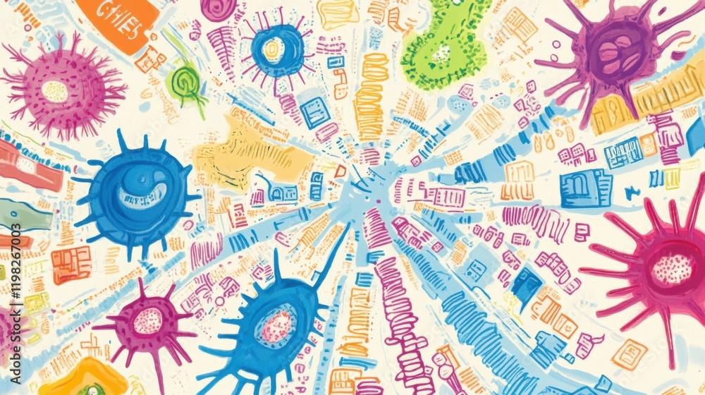 Poster playful map depicting bacteria colonies as vibrant cities with colorful labels and imaginative layou