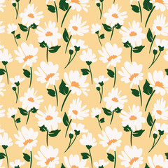 Elegant abstract floral pattern featuring chamomiles and leaves. Ideal for surface design, fabric, paper and etc.